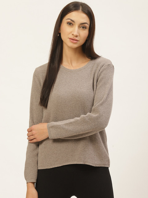 

American Eye Women Taupe Solid Pullover Sweater, Brown