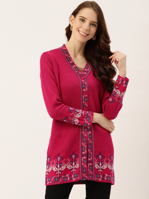 

American Eye Women Pink Self Design Longline Cardigan