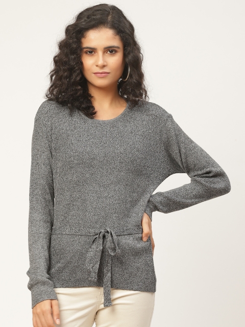 

American Eye Women Grey Melange Ribbed Pullover Sweater With Belt