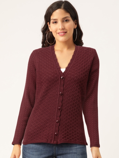 

American Eye Women Burgundy Self Design Cardigan
