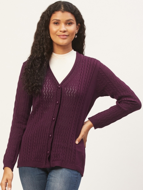 

American Eye Women Burgundy Self Design Cardigan