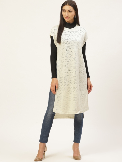 

American Eye Women Off-White Self Design Poncho Sweater