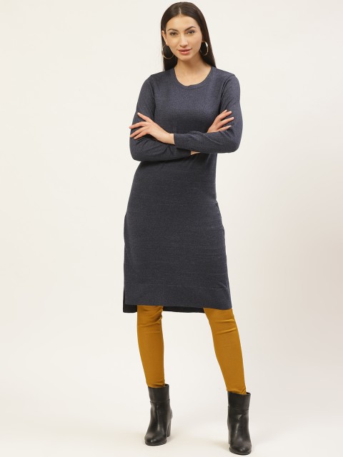 

American Eye Women Navy Blue Solid Winter Straight Kurta