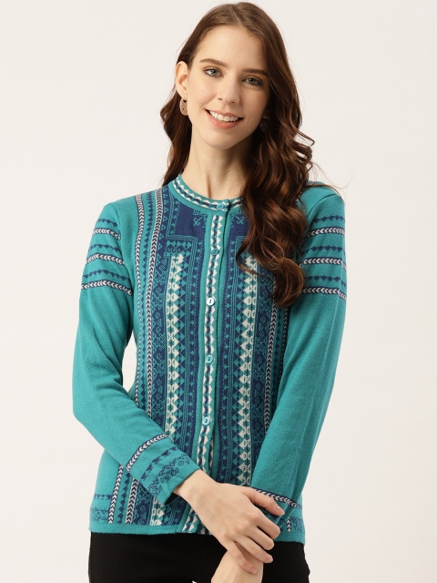 

American Eye Women Teal Green & Blue Self Design Cardigan
