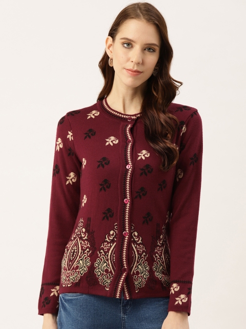 

American Eye Women Burgundy & Beige Self Design Cardigan
