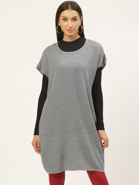 

American Eye Women Grey Solid Pullover Longline Sweater