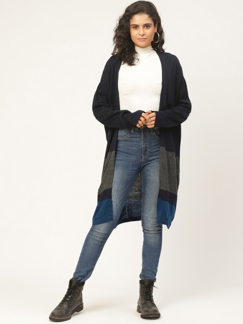 

American Eye Women Navy Blue & Charcoal Grey Colourblocked Longline Front-Open Sweater