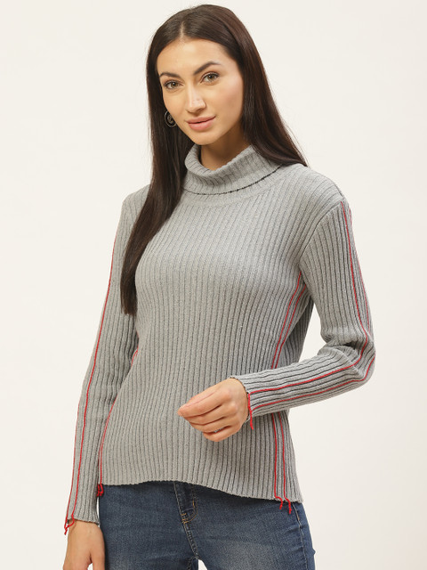 

American Eye Women Grey Ribbed Pullover Sweater