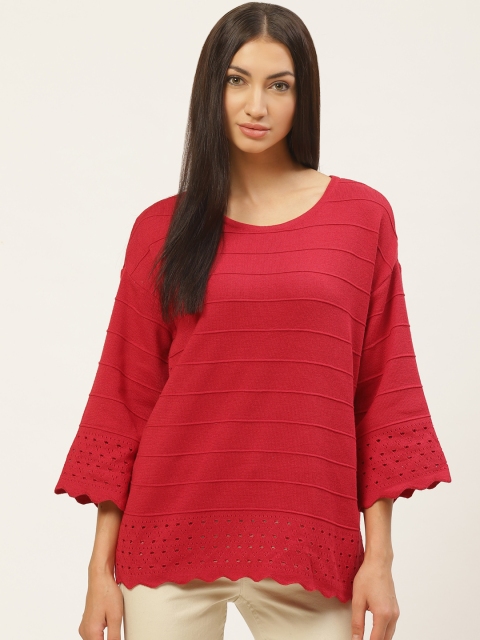 

American Eye Women Red Self-Striped Pullover Sweater