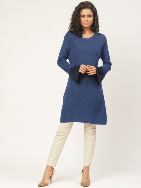 

American Eye Women Navy Blue Ribbed Longline Sweater