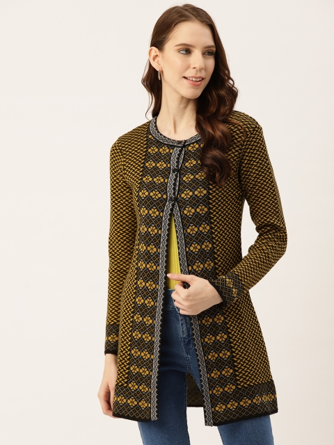 

American Eye Women Black & Mustard Yellow Self Design Longline Cardigan