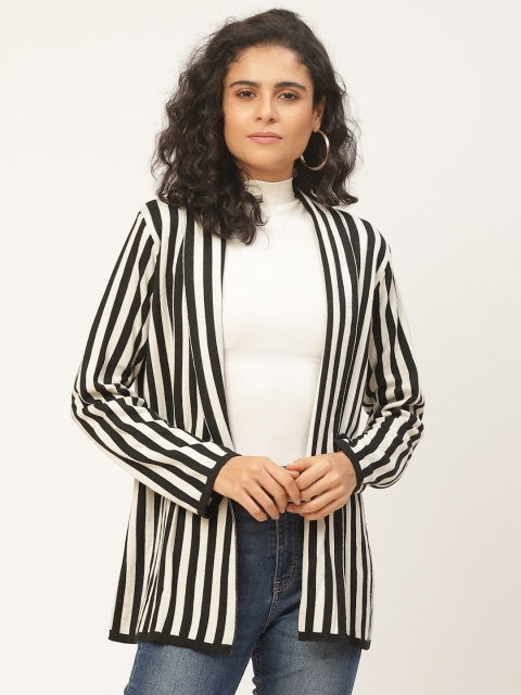 

American Eye Women Off-White & Black Striped Front-Open Sweater