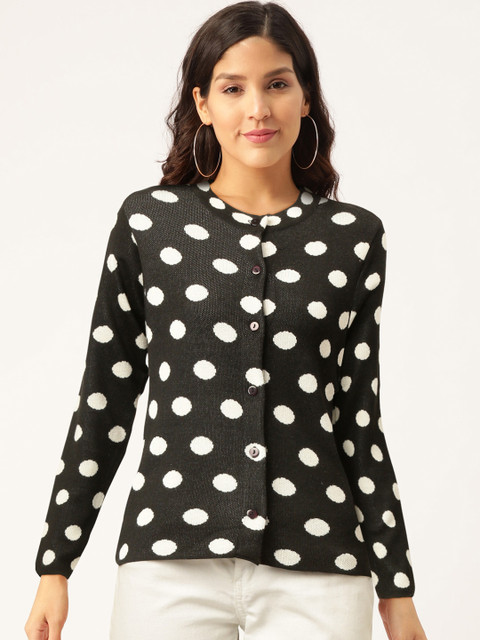 

American Eye Women Black & White Polka Dot Printed Cardigan Sweater
