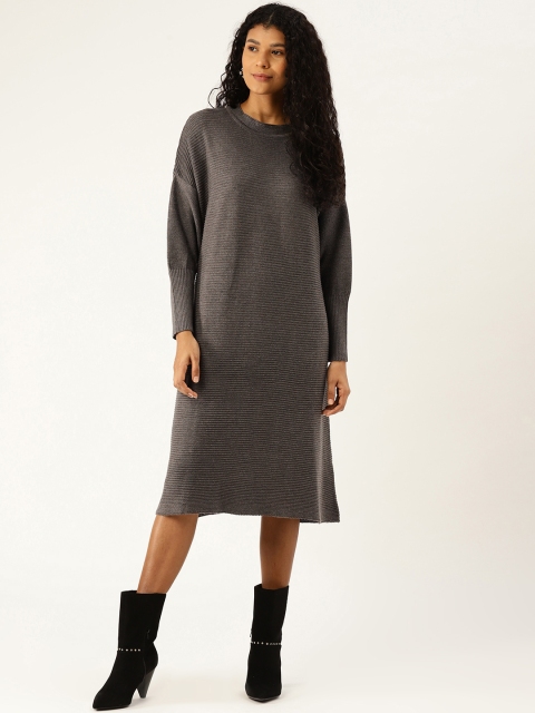 

American Eye Women Charcoal Grey Ribbed Jumper Dress