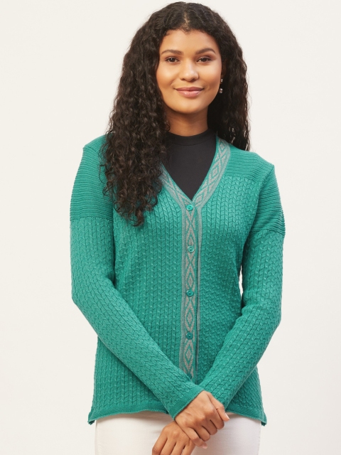 

American Eye Women Turquoise Blue Self Design Cardigan