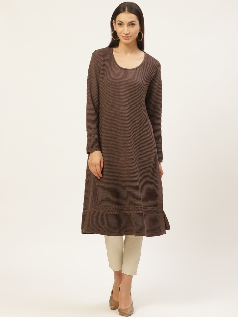 

American Eye Women Coffee Brown Self Striped Winter A-Line Kurta