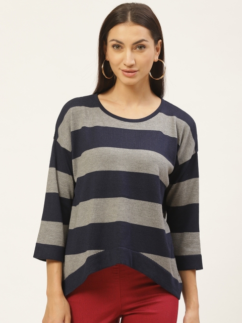 

American Eye Women Navy Blue & Grey Striped Acrylic Sweater