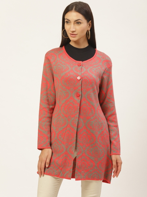 

American Eye Women Coral Red & Grey Self-Design Cardigan
