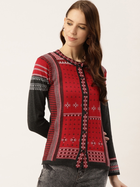 

American Eye Women Red & Charcoal Grey Self Design Cardigan