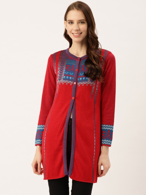 

American Eye Women Red & Blue Self Design Longline Cardigan