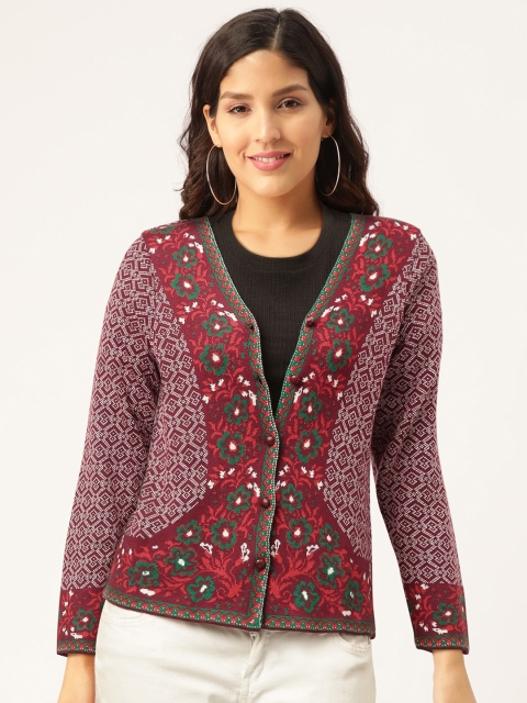 

American Eye Women Maroon & Off-White Self Design Cardigan