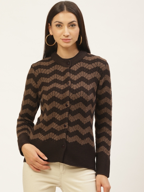 

American Eye Women Coffee Brown Chevron Self Design Cardigan