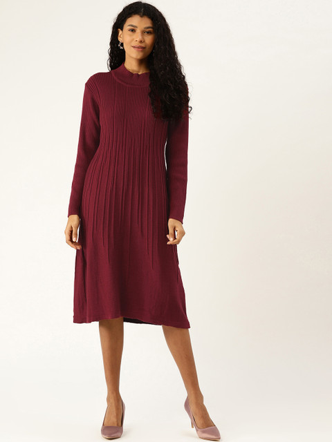 

American Eye Women Maroon Self-Striped Midi A-Line Jumper Dress
