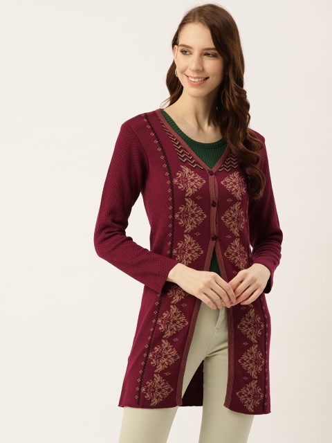 

American Eye Women Burgundy & Beige Self Design Longline Cardigan