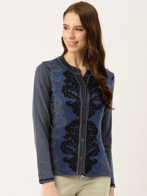 

American Eye Women Blue & Black Self Design Cardigan