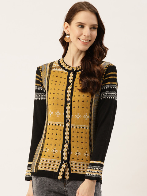 

American Eye Women Mustard Yellow & Black Self Design Cardigan