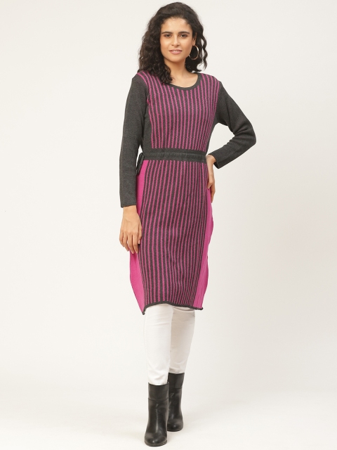 

American Eye Women Pink & Charcoal Grey Striped Longline Sweater