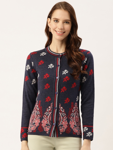 

American Eye Women Blue & Red Self Design Cardigan