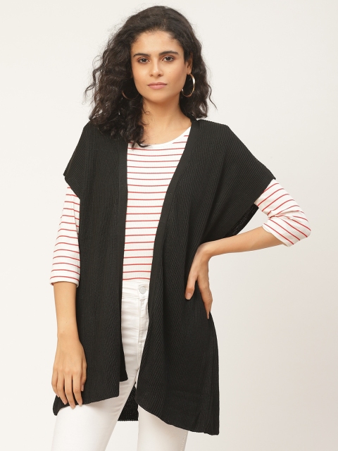 

American Eye Women Black Ribbed Longline Front-Open Acrylic Sweater