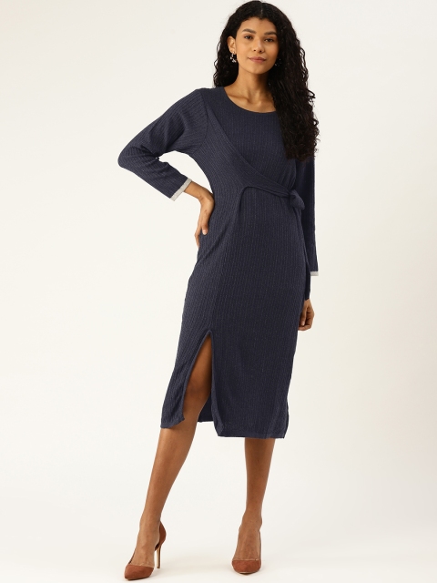 

American Eye Women Navy Blue Self-Striped Jumper Dress
