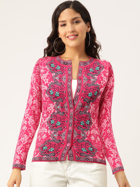

American Eye Women Pink & Sea Green Self Design Cardigan