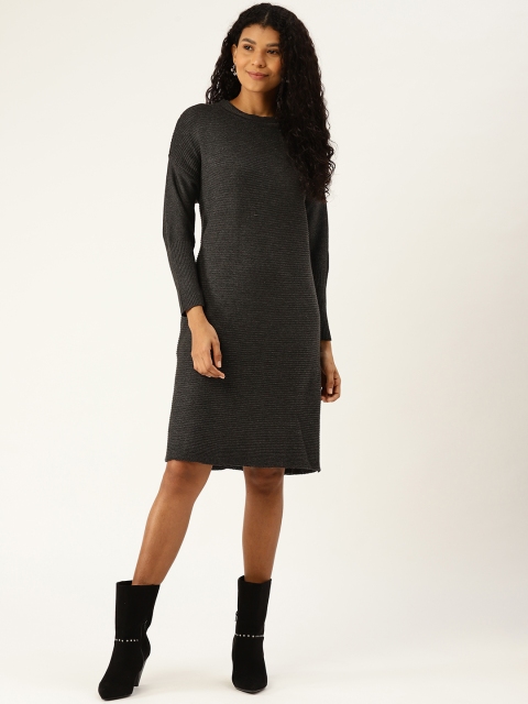 

American Eye Women Charcoal Grey Self-Striped A-Line Sweater Dress