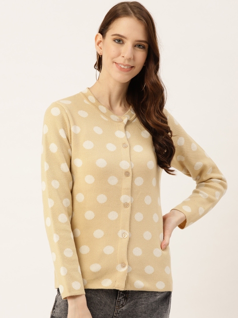 

American Eye Women Beige & Off-White Polka Dots Patterned Cardigan