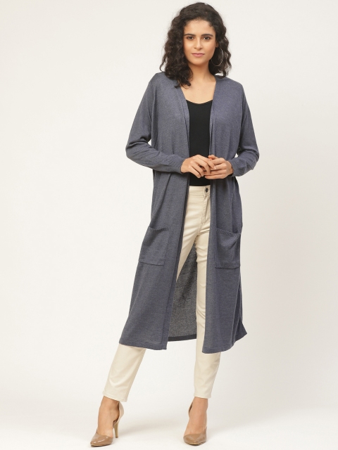 

American Eye Women Blue Solid Longline Front-Open Acrylic Sweater