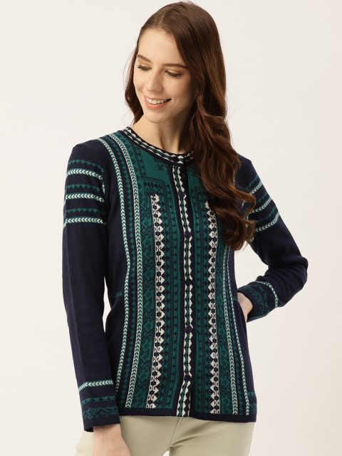 

American Eye Women Navy Blue & Green Self Design Cardigan