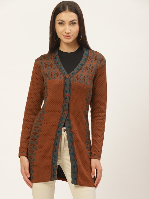 

American Eye Women Rust Red & Green Self Design Cardigan