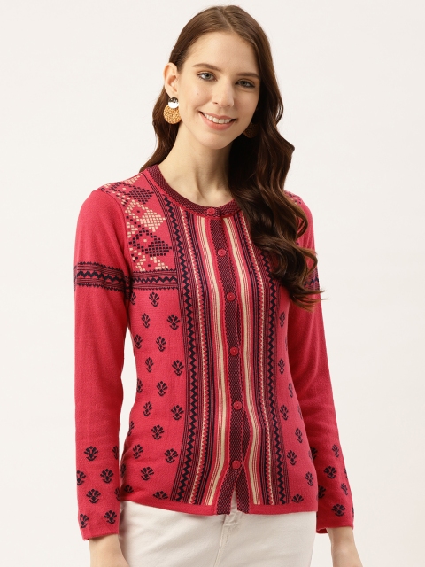 

American Eye Women Pink & Navy Blue Self Design Cardigan