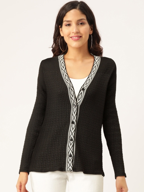 

American Eye Women Black & White Self Design Cardigan Sweater