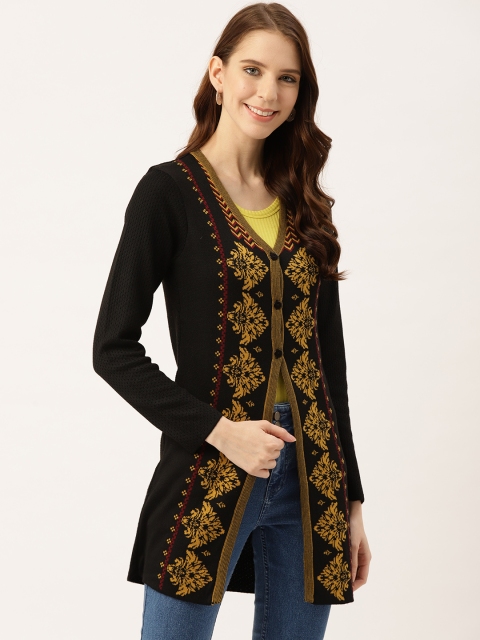 

American Eye Women Black & Mustard Yellow Self Design Longline Cardigan