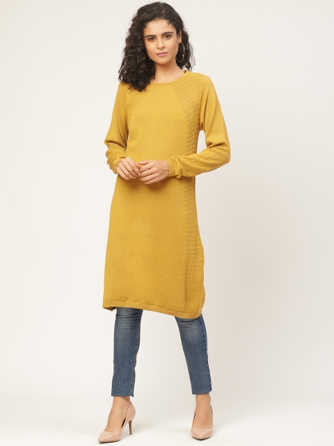 

American Eye Women Mustard Yellow Solid Longline Sweater