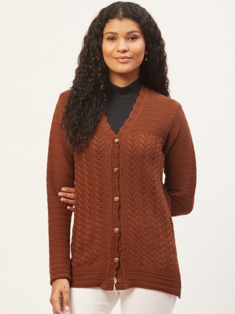 

American Eye Women Rust Brown Self Design Cardigan