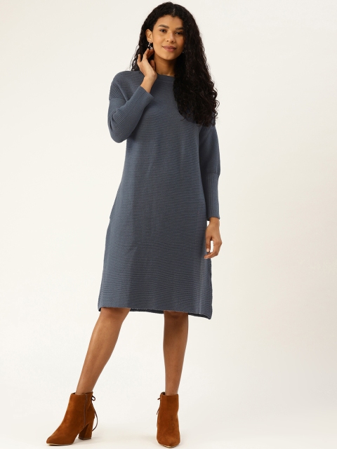 

American Eye Women Charcoal Grey Self-Striped A-Line Sweater Dress
