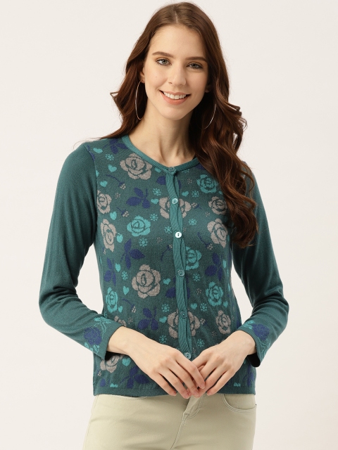 

American Eye Women Teal Green & Grey Self Design Cardigan
