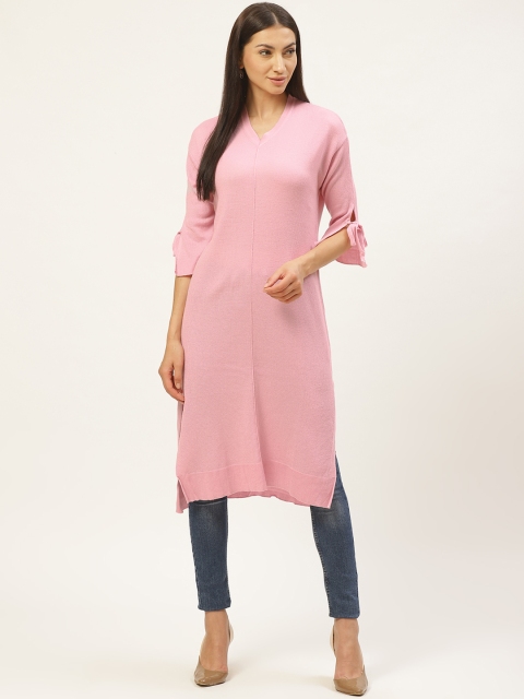 

American Eye Women Pink Solid Straight Winter Kurta