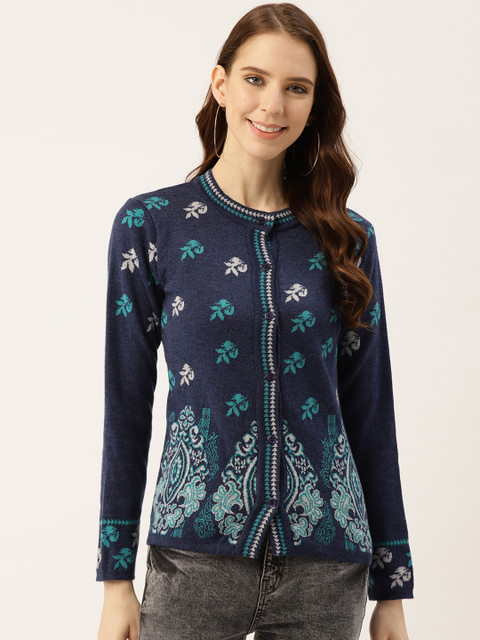 

American Eye Women Navy Blue & White Self Design Cardigan