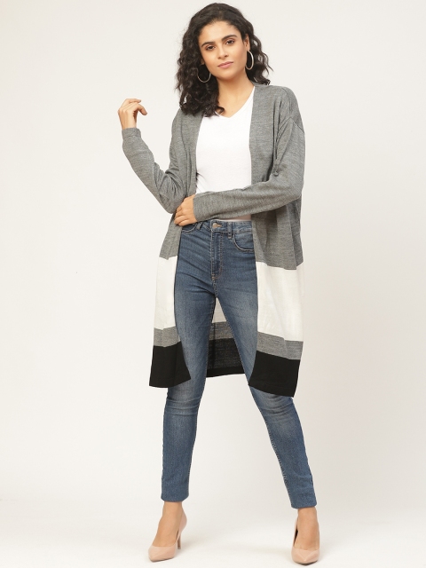 

American Eye Women Grey Melange & White Colourblocked Longline Front-Open Sweater